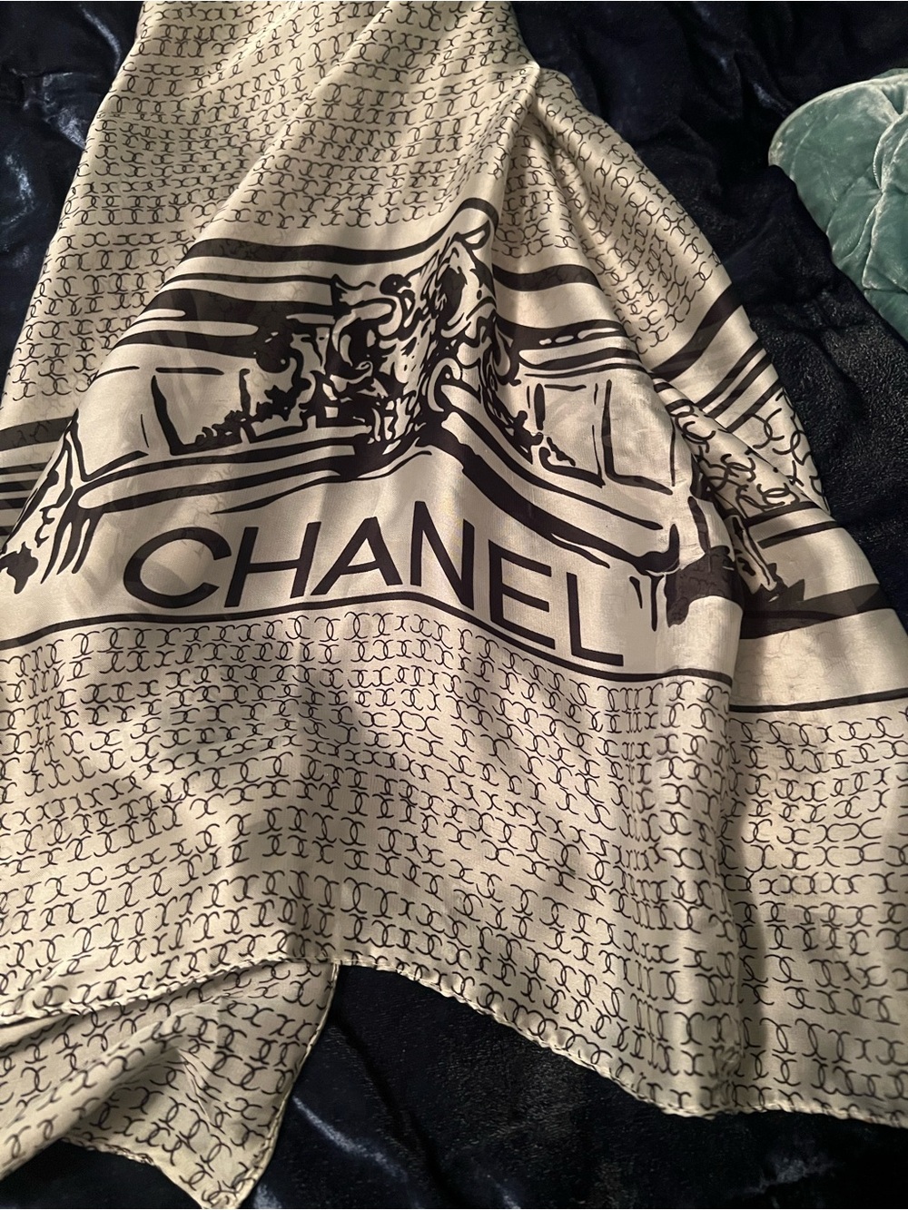 Chanel Logo Silk Scarf in Beige and Black - Picture 2 of 7